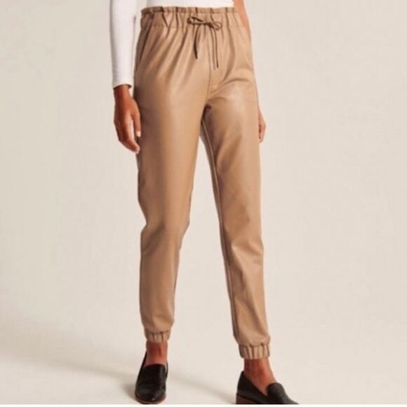 Abercrombie & Fitch Vegan Leather Tan Jogger Drawstring Paperbag Waist Size XL - Picture 1 of 10